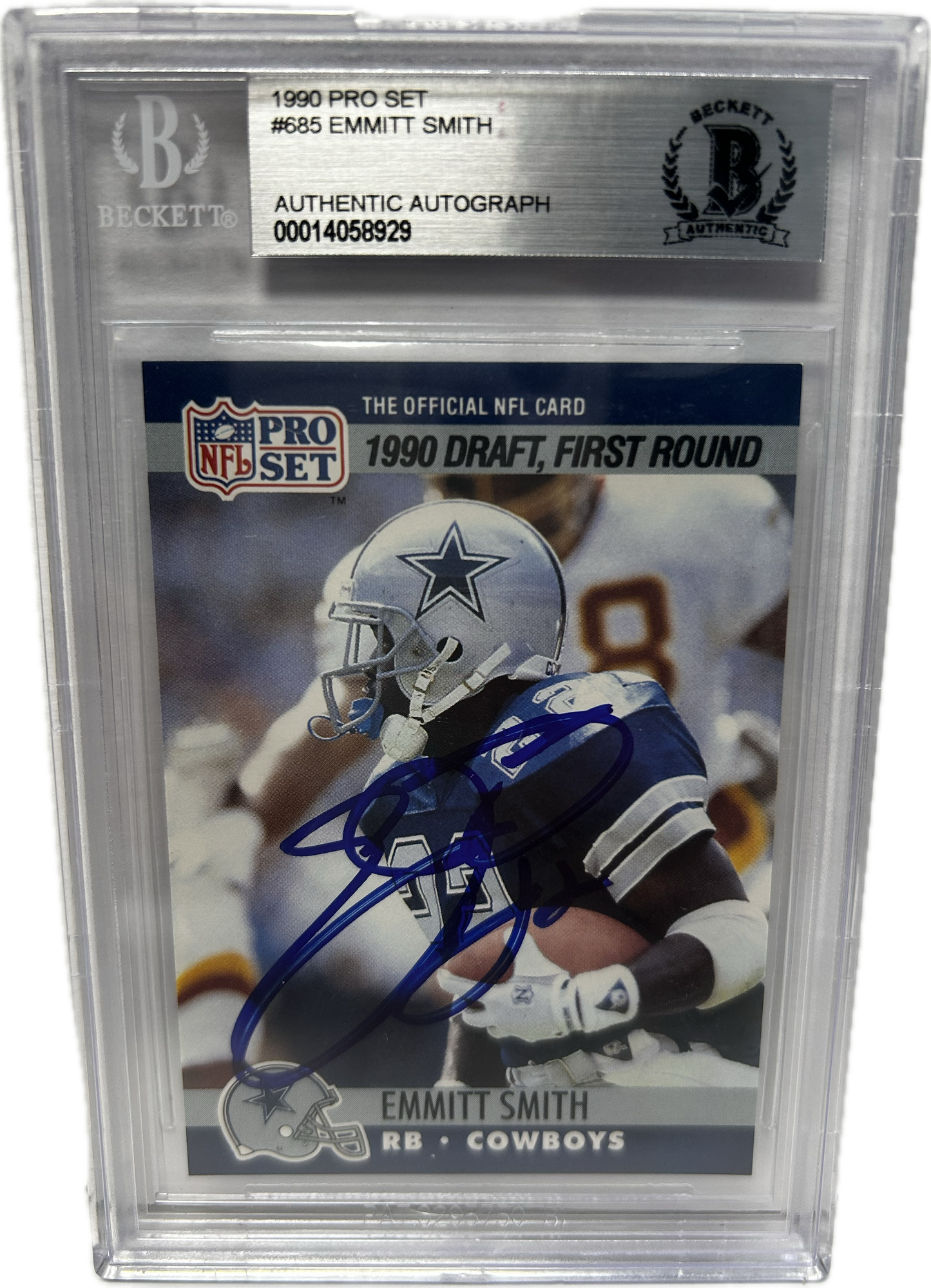 Emmitt Smith Autographed 1990 Pro Set Rookie Card #685 Dallas Cowboys Beckett COA SI (SI)